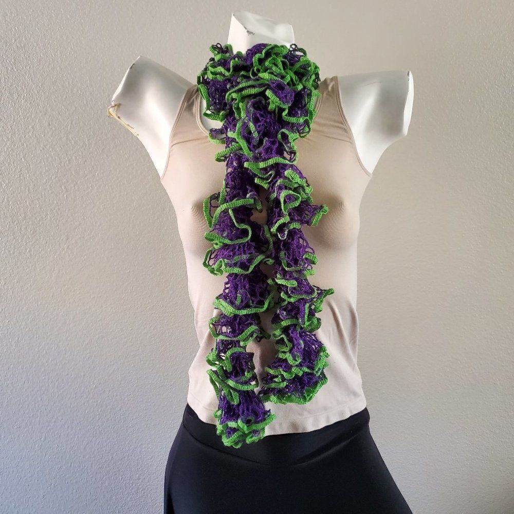 BOGO Scarf Sale - Hand Crafted crochet purple and green ruffle scarf
